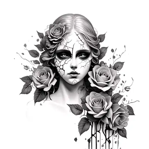 broken porcelain face with cascading roses down arm tattoo design idea