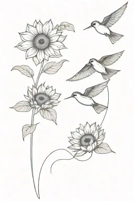 Two swallows flying upwards over three sunflowers tattoo design idea