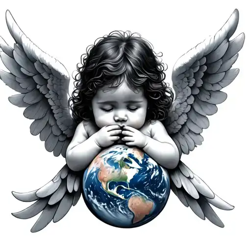 baby angel shushing over earth  tattoo design idea