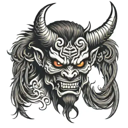 oni demon mask with angel wings flying tattoo design idea