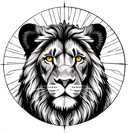 lion looking direct at me with golden eyes.  circle sun around him. sun rays. geometric. sacred geometry tattoo design idea