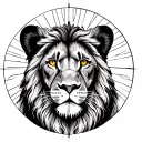 lion looking direct at me with golden eyes.  circle sun around him. sun rays. geometric. sacred geometry tattoo design idea