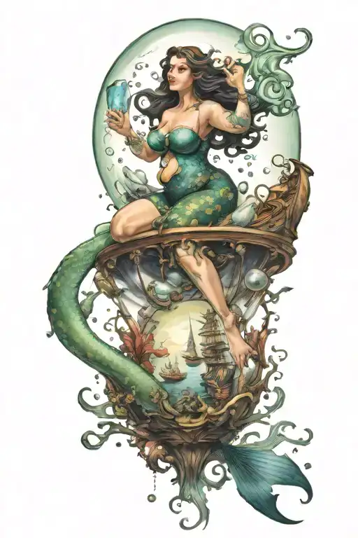 plus size mermaid suspending a ship in a bubble tattoo design idea