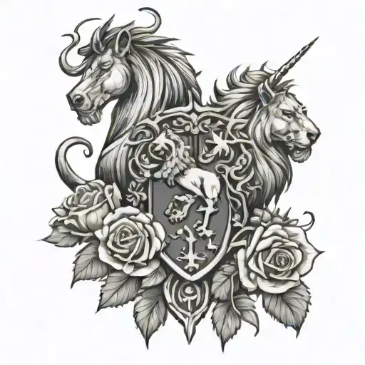 Scottish clan crest in heraldic style with unicorn, lion rampant and roses and thistles  tattoo design idea