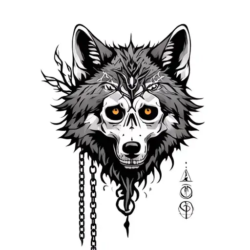 Nordic mythological wolf with calaveras chain and the tree of life with runes tattoo design idea