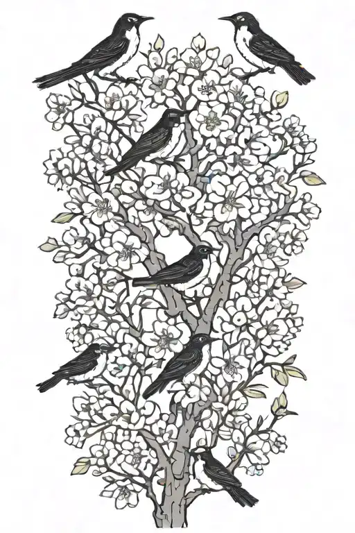 sideways thin narrow black and white masculine cherry branch tattoo with minimal blossoms  with 4 solid black birds.     tattoo design idea