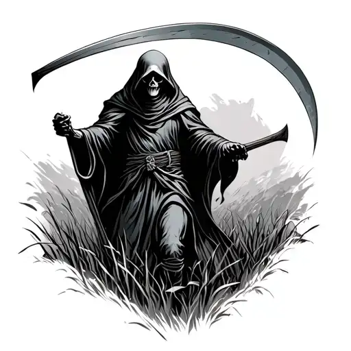 grim reaper holding a scythe walking through field tattoo design idea
