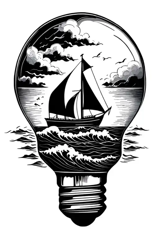 lightbulb with a wave and sail boat inside tattoo design idea