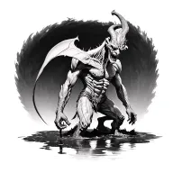 demon.extreme realism.standing over a puddle.b&w tattoo design idea