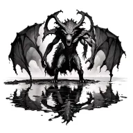 demon.extreme realism.standing over a puddle.b&w tattoo design idea