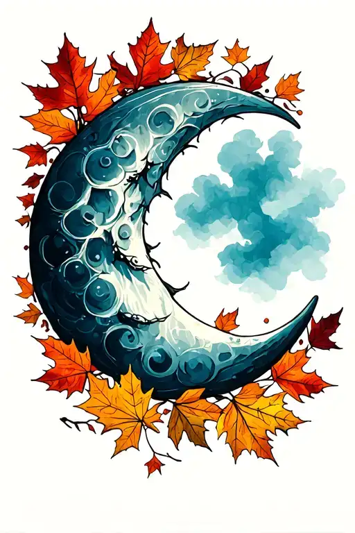 half moon surrounded by fall leaves tattoo design idea