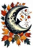 half moon surrounded by fall leaves tattoo design idea