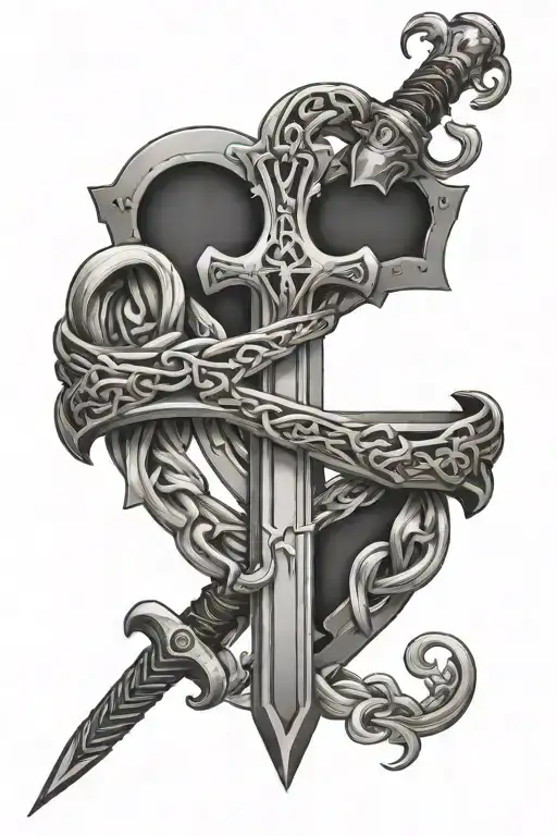 cross sword intertwined fight heart shaped lock tattoo design idea