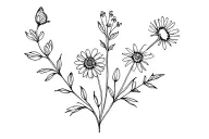 Simple line tattoo of butterfly bush sprig, daisy, buttercup, tulip, honeysuckle, and other flowers  tattoo design idea