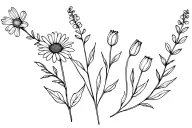 Simple line tattoo of butterfly bush sprig, daisy, buttercup, tulip, honeysuckle, and other flowers  tattoo design idea