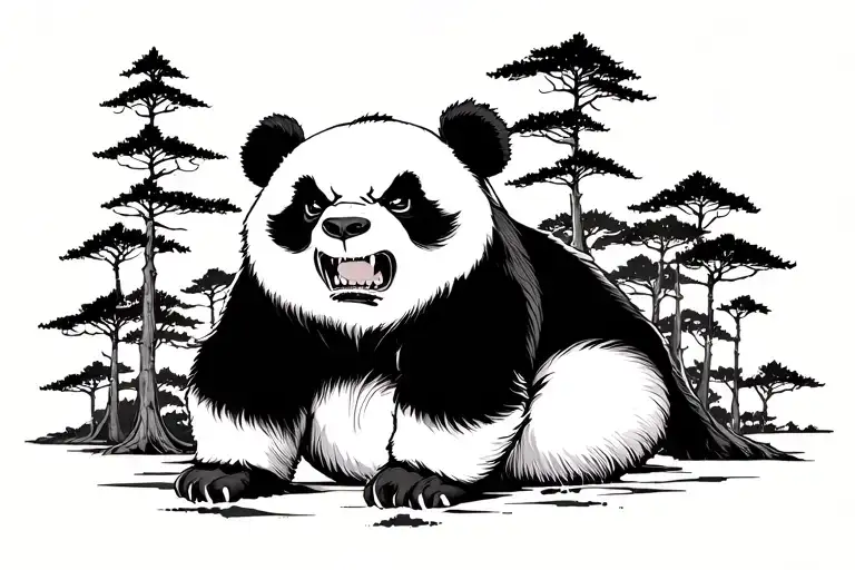 angry panda in front of forests and trees tattoo design idea