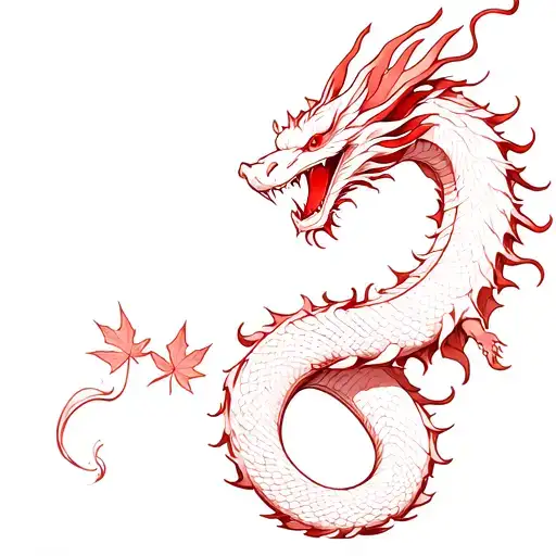 Fine line Japanese Dragon slithering long towering over samurai red highlights and maple leafs tattoo design idea