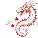Fine line Japanese Dragon slithering long towering over samurai red highlights and maple leafs tattoo design idea