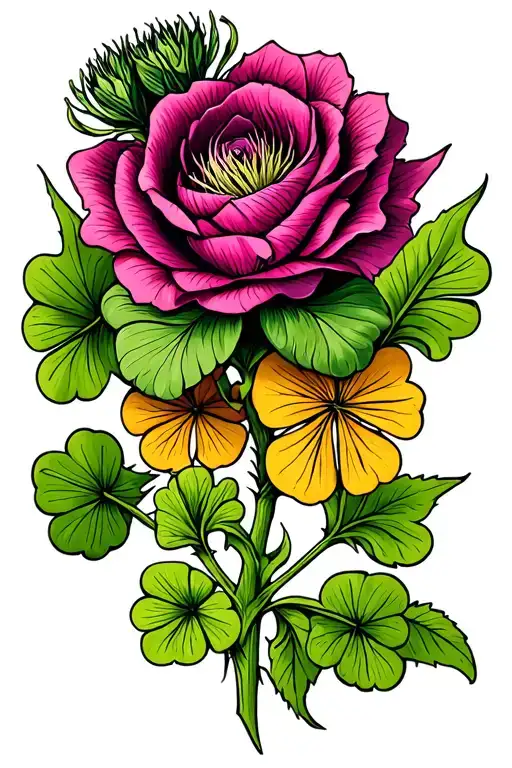 Scottish thistle, English Tudor rose and Irish shamrock combined in a coloured fine line tattoo that is small and simple tattoo design idea