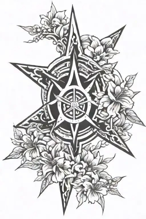 black and white japanese style shuriken with blossom flower tattoo design idea