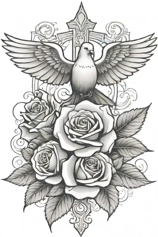cross rose and dove tattoo design idea