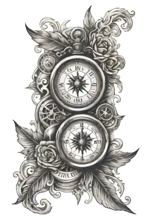 compass and clock tattoo design idea