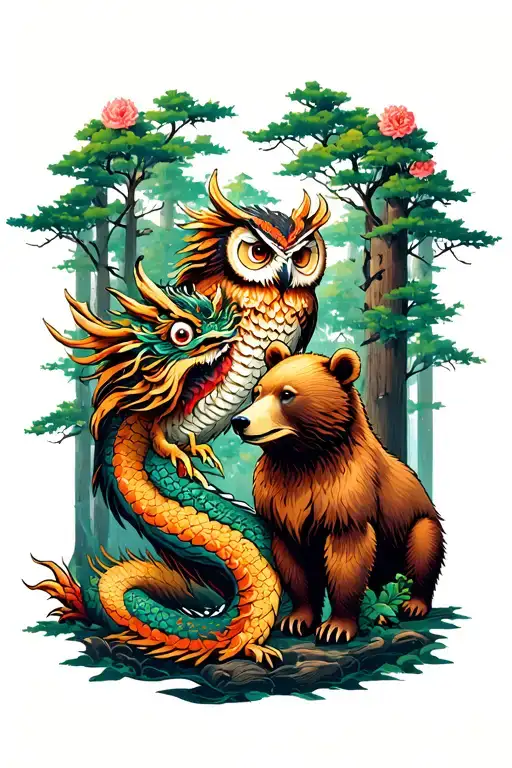 kirin dragon, an owl, and a brown bear, set in a forest tattoo design idea