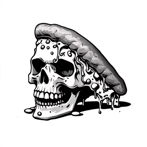 melting cheesey pizza skull with peparoni tattoo design idea