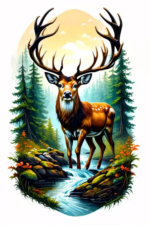 FOREST THEME DEER WITH STREAM  tattoo design idea