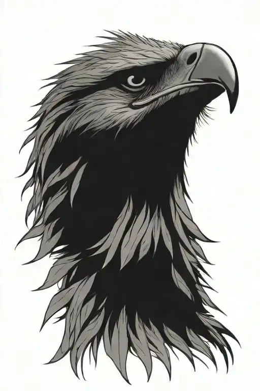 Eagle head, profile. Cannabis-leaf shaped feathers encircle head, radiating outwards. Detailed. tattoo design idea