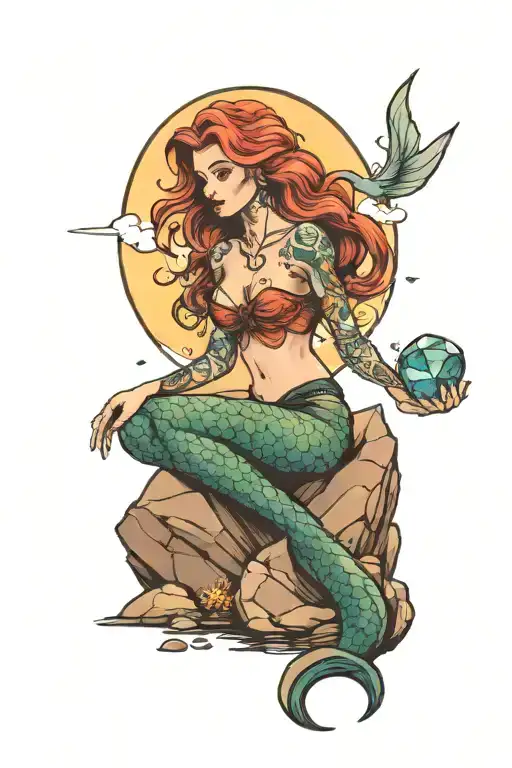mermaid holding crystal heart sitting on rock with sunrise behind tattoo design idea