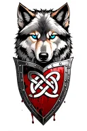 wolf with blue eyes on bloody armored shield with celtic knot design tattoo design idea