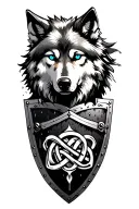 wolf with blue eyes on bloody armored shield with celtic knot design tattoo design idea