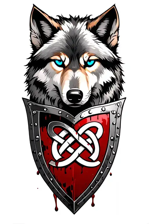 wolf with blue eyes on bloody armored shield with celtic knot design tattoo design idea