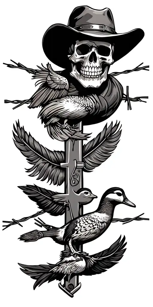 Barbed wire with feathers, mallards, shotgun shells, a skull-headed cowboy, and a cross.  tattoo design idea