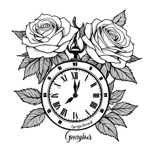 roses with a Clock that reads 5:36pm with my daughter name Georgia Howard birthdate 12/12/23 tattoo design idea