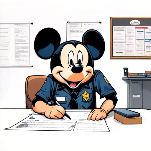 micky mouse sitting in an interrogation room signing a piece of paper looking down sadly with detectives standing by his tattoo design idea