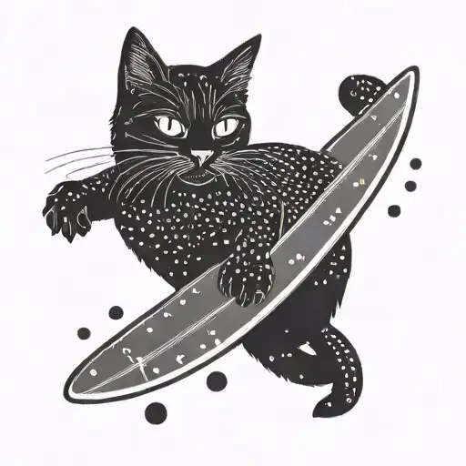 A minimalist design of a black cat surfing on a paddleboard tattoo design idea