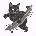 A minimalist design of a black cat surfing on a paddleboard tattoo design idea