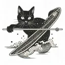 A minimalist design of a black cat surfing on a paddleboard tattoo design idea