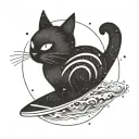 A minimalist design of a black cat surfing on a paddleboard tattoo design idea