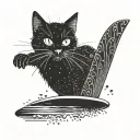 A minimalist design of a black cat surfing on a paddleboard tattoo design idea