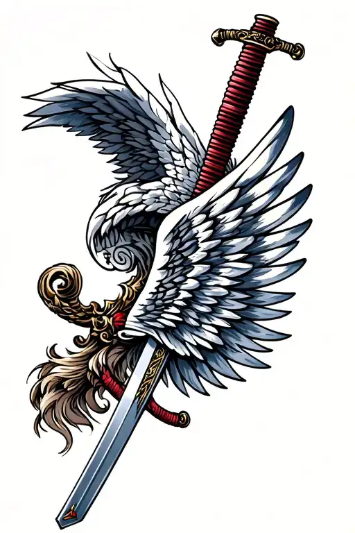 katana with one angel wing attached tattoo design idea