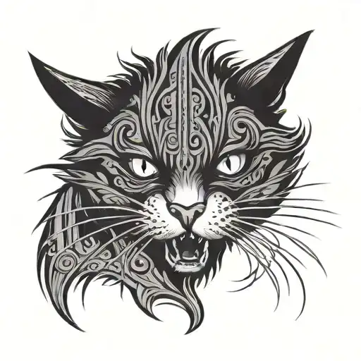 aggressive black and white domestic cat head in attack Tribal tattoo tattoo design idea