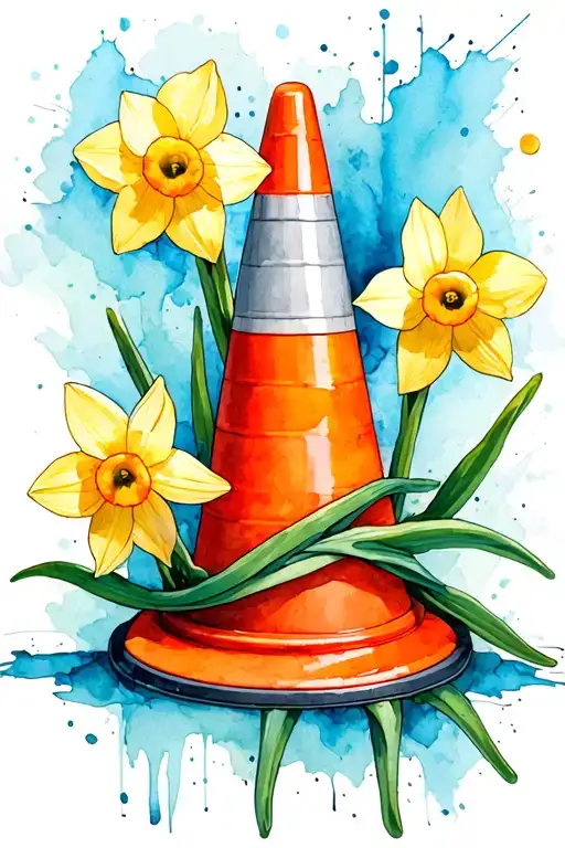 traffic cone with narcissus flower tattoo design idea
