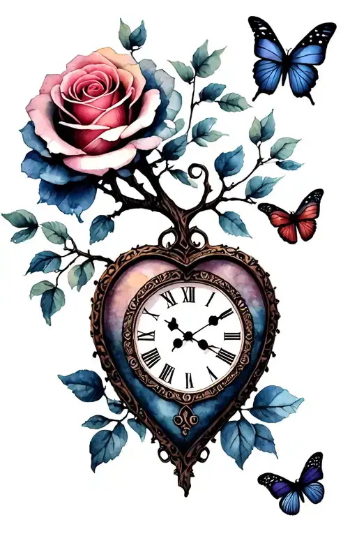 heart clock tree butterfly rose tattoo design idea