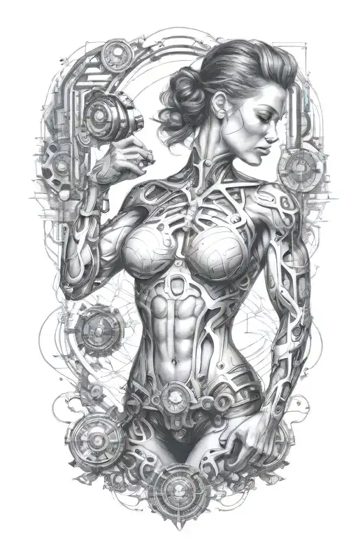 fitness bodybuilder women with technology circuits merging tattoo design idea