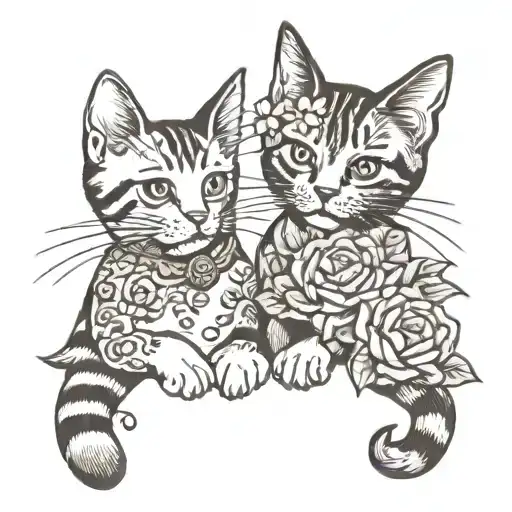 2 cats holding flowers with their tails hooked together tattoo design idea