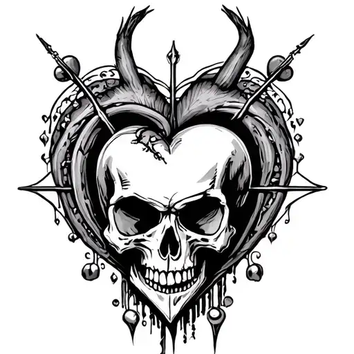 heart, skull, rock music, heavy metal, love, passion, betrayal, subtle shapes and symbols, spaced, connected tattoo design idea