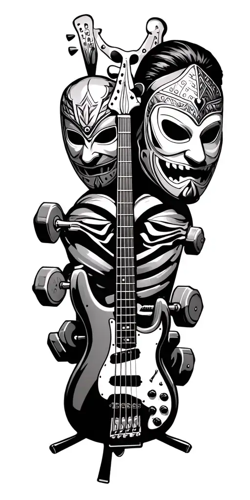 Adelaide Oval on the shoulder, luchador masks, dumbbells, record player, a bass guitar tattoo design idea